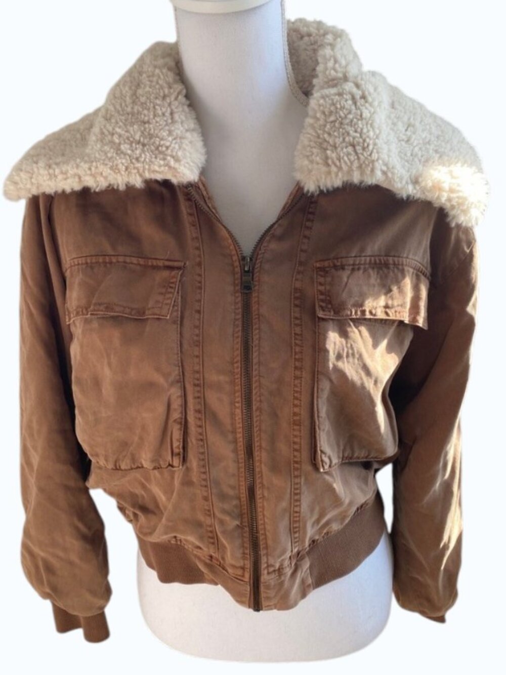 Cropped Bomber Jacket w/ Removable Faux Shearling Collar Brown Aviator Style
